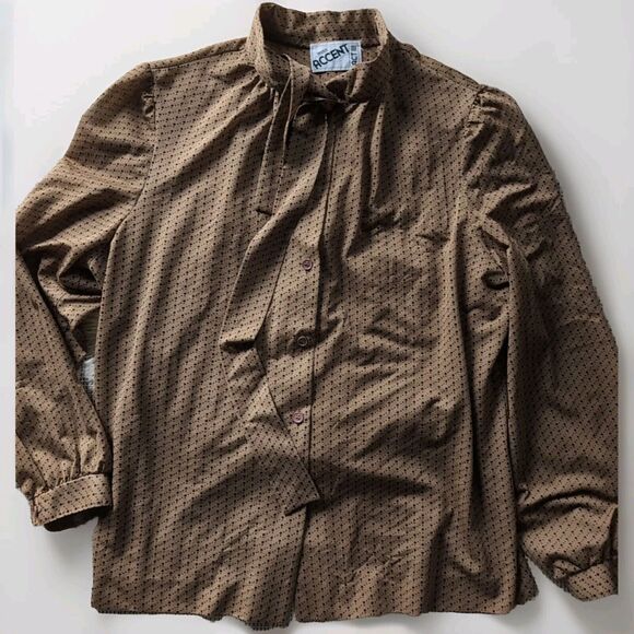 VTG Miss Accent L 1980's Golden Small Dot Librarian Tie Top Blouse Button Down - Picture 1 of 9